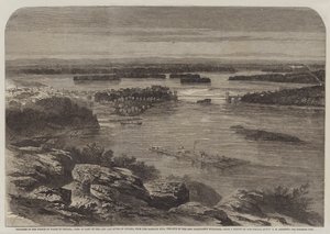 Walesin prinssin edistyminen Kanadassa, näkymä osalle kaupunkia ja Ottawan joelle, Barrack Hilliltä, uusien parlamenttirakennusten paikalta tekijältä George Henry Andrews