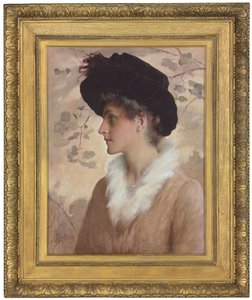 Naisen muotokuva, puolipitkä, musta hattu yllään ja turkisvarasto, 1888 tekijältä George Henry Boughton