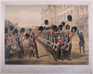 Scots Fusilier Guards -paraati Buckinghamin palatsissa aamulla, jolloin he lähtivät Seat of Wariin, 2. maaliskuuta 1854, kaiverrus E. Walker, julkaisija Colnaghi und Co., 1854 tekijältä George Housman Thomas