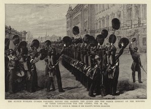 Skotlantilaiset Fusilier-vartijat kulkueessa Hänen Majesteettinsa kuningattaren ja Prinssipuolison edessä Krimille lähtöpäivän aamuna 28. helmikuuta 1854 tekijältä George Housman Thomas