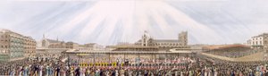 Näkymä kuningas Yrjö IV:n kruunauskulkueesta Westminster Hallista Abbeyyn, 19. heinäkuuta 1821 (akvatinta) tekijältä George Humphrey
