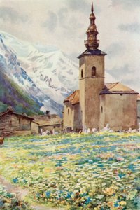 Mont Blanc ja Argentieren kirkko (väri litho)