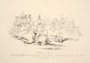 Battle of Ligny: Marshall Blucher järkyttynyt rajusta putoamisesta makasi sotkeutuneena hevosensa alle, pubi J. Booth, 1816