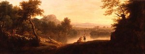 Paimenmaisema, jossa on paimenia ja heidän laumojaan.