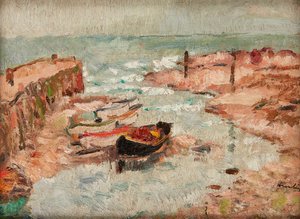 Beached Boats, Lower Largo (öljy paneelissa) tekijältä George Leslie Hunter