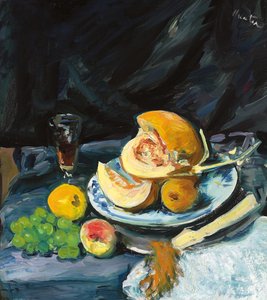 Asetelma leikatulla melonilla, lasilla ja tuulettimella, c. 1920