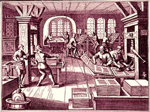 Kirjapainon sisällä, Saksa 1619 (kaiverrus)