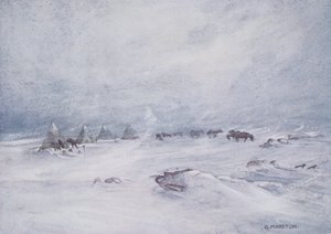 Blizzard on the Barrier, piirros Sir Ernest Shackletonin (1874-1922) kirjoittamasta teoksesta "Nimrod in the Antarktic 1907-09" tekijältä George Marston