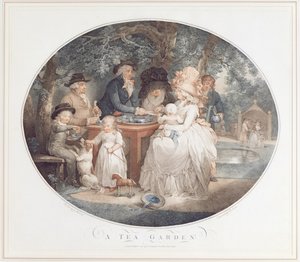Tea Garden, värillinen pistekaiverrus Morlandin mukaan, kirjoittanut Francois David Saron (s. 1764) tekijältä George Morland