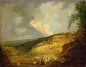 Laaja vuoristoinen maisema mustalaisleirin kanssa etualalla (öljy kankaalle) tekijältä George Morland