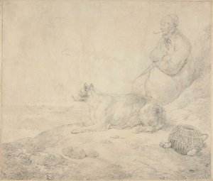 Kalastaja ja koira istuvat rannikolla tekijältä George Morland