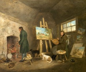 Taiteilija studiossaan ja miehensä Gibbs, 1802
