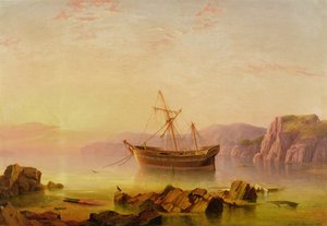 Laiva ankkurissa lahdella auringonlaskun aikaan