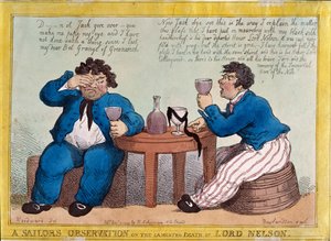 Merimiehen havainto lordi Nelsonin valitellusta kuolemasta, kaiverrettu Thomas Rowlandson (1756-1827), julkaissut Rudolph Ackermann, 3. joulukuuta 1805 (värinen etsaus)
