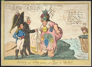 Boney ja Talley korjaavat palan John Bullille, pubille. 1806 (käsinvärinen kaiverrus)
