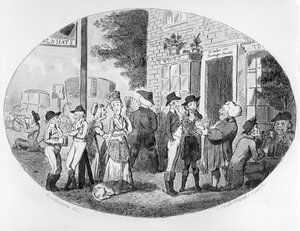 Outside the Old Hats Tavern, kaiverrus Isaac Cruikshank, 1796