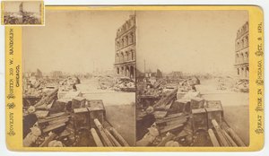 Stereografia kassakaapeista, jotka on otettu Dearborn Streetin raunioista Chicagon palon jälkeen 1871, 1871 (bw-kuva korttitelineessä) tekijältä George N. Barnard