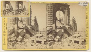 Stereografia Bryan Blockista Monroe- ja LaSalle Streetin luoteiskulmassa Chicagon palon 1871 ja 1871 jälkeen (bw-kuva korttitelineessä) tekijältä George N. Barnard