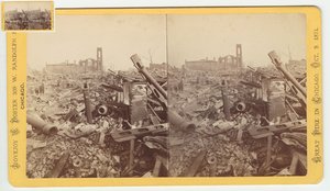 Stereografia Mammoth Store of Field & Leiter -kaupan raunioista Chicagon tulipalon jälkeen 1871, 1871 (bw-kuva korttitelineessä) tekijältä George N. Barnard