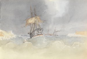 HMS "Trafalgar" purjehtii Maltan satamaan, kun sen peräsin on menettänyt päänsä myrskyn jälkeen, 9. helmikuuta 1852.