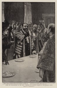 Kuninkaan julistuksen jälkeen juomassa Hänen Majesteettinsa terveyttä kartanotalossa tekijältä George Percy Jacomb Hood