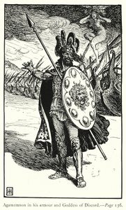 Iliad: Agamemnon panssarissaan ja eripuraisten jumalatar (kaiverrus)