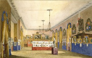 An Exhibition at the Old Town Hall, Oxford, 1854 (akvarelli ja bodycolour lyijykynällä jäykälle paperille, alkuperäisellä kiinnityspaperilla).