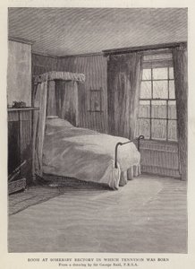 Huone Somersby Rectoryssa, Lincolnshire, jossa englantilainen runoilija Alfred, Lord Tennyson syntyi vuonna 1809 (litho)