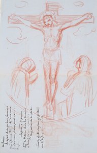 Tutkimus ristiinnaulitsemisesta, n. 1857 (punainen ja musta liitu harmaansinisellä vesileimapaperilla) tekijältä George Richmond