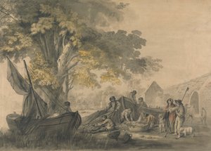 Veneitä, kalastajia ja talonpoikia lähellä patoa tekijältä George Robertson