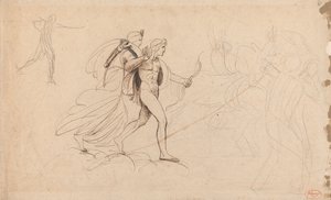 Apollo, Diana ja Ratsumies teoksessa ”Nioben lasten kuolema” tekijältä George Romney