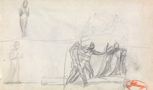 Ryhmäkohtaus ja kaksi luonnosta seisovasta hahmosta tekijältä George Romney