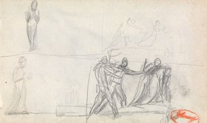 Ryhmäkuva ja kaksi luonnosta seisovasta hahmosta tekijältä George Romney