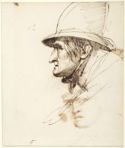 Miehen pää profiilista, jolla on suuri hattu tekijältä George Romney