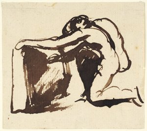 Polvillaan istuva alaston hahmo, joka kirjoittaa suurelle taululle tekijältä George Romney