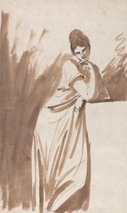 Jalustalle nojaava nainen (mahdollisesti luonnos teokseen ”Miss Woodley”) tekijältä George Romney
