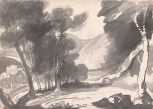 Maisemapiirros: Lehtimetsä, järvi ja vuoret tekijältä George Romney