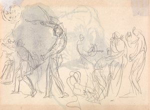 Miehet lähtevät taistelemaan, takana joukko kyyristeleviä naisia tekijältä George Romney