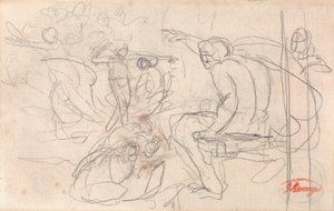 Mahdollisesti istuva hahmo julistaa tuomion polvistuvalle hahmolle. tekijältä George Romney