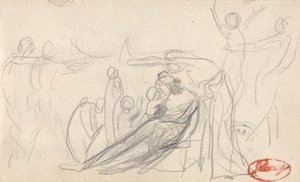 Makuuasennossa oleva hahmo lasten ja muiden hahmojen kanssa tekijältä George Romney