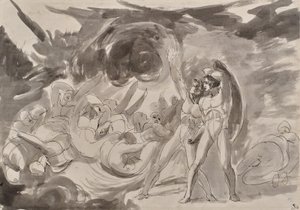 Saatana tarkastelee langenneita enkeleitä tekijältä George Romney