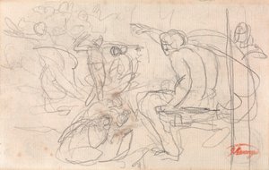 Istuva hahmo, joka langettaa tuomion polvistuneelle hahmolle tekijältä George Romney
