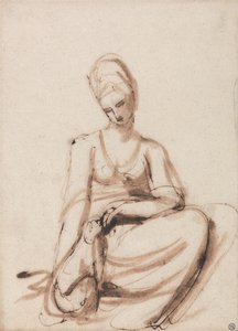 Istuva nainen ruokkimassa eläintä tekijältä George Romney