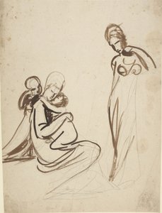 Istuva nainen kahden lapsen kanssa ja seisova nainen tekijältä George Romney