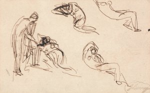 Seisova hahmo ja neljä makuuasennossa olevaa hahmoa tekijältä George Romney