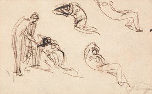 Seisova hahmo ja neljä makuulla olevaa hahmoa tekijältä George Romney
