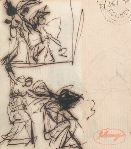 Seisova hahmo kädet ylhäällä ja istuva hahmo tekijältä George Romney