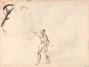 Seisova hahmo, joka nostaa kätensä ylös; mahdollisesti Macbeth tekijältä George Romney