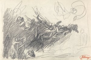 Kolme armoa ja pahoa, jotka pilkkasivat Kristusta "Kristuksen kiusauksen vuoksi" (grafiitti kudottupaperille) tekijältä George Romney