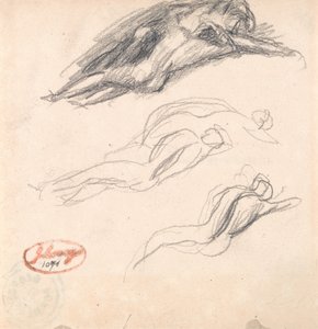 Kolme luonnosta nukkuvaa hahmoa, luultavasti Aatami ja Eeva, varten "Saatana löydetty Eevan korvasta". tekijältä George Romney
